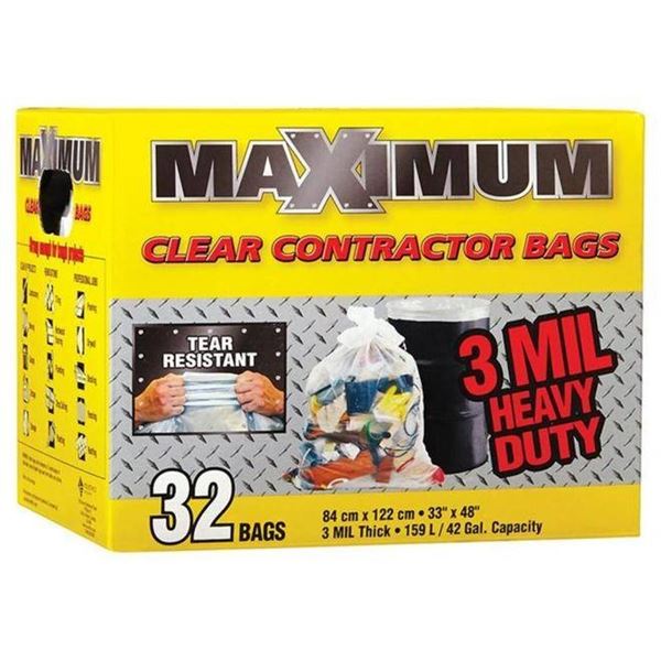 Maximum Clear Contractor Bags, 32 Bags, 3 MIL, Tear Resistant