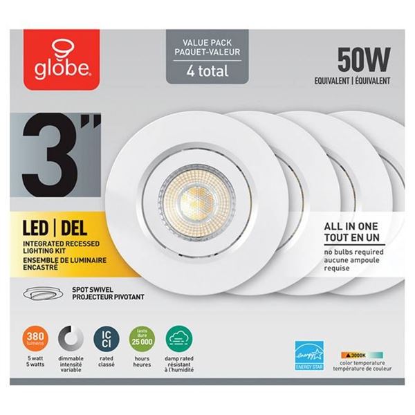 LOT OF 4 Globe LED 50W Equivalent Recessed Light Fixtures