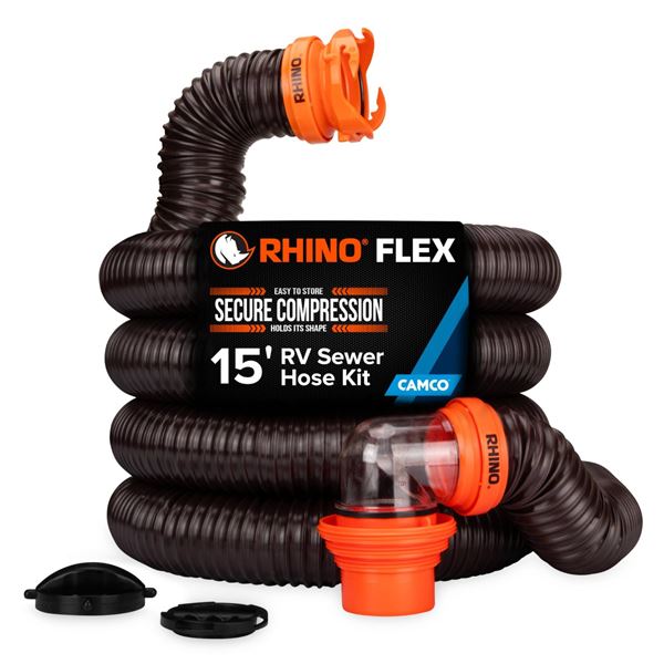 RhinoFlex RV Sewer Hose Kit With Pre-Attached Swivel Fittings, 15 Ft