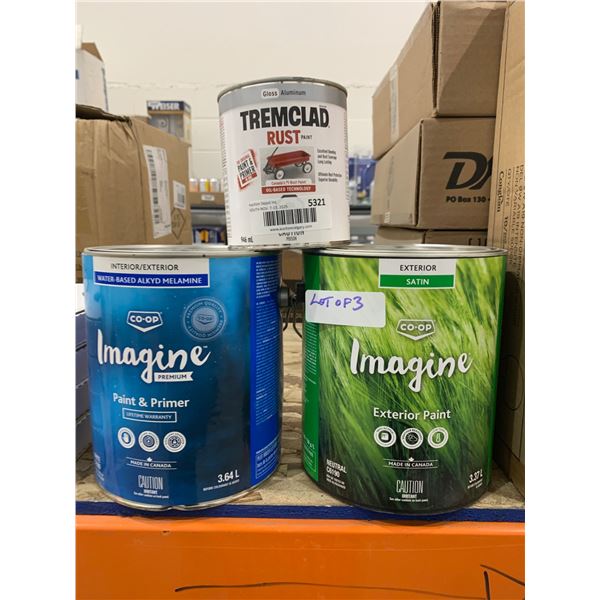 3 Assorted Paint Cans: Co-op Exterior, Co-op Paint & Primer, and Tremclad Rust