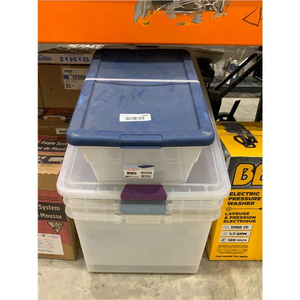 Stack of Three Durable Plastic Storage Containers with Lids + 2 Large Containers