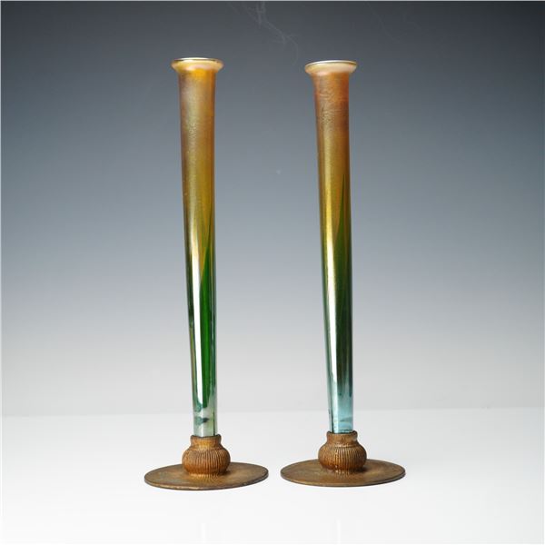Pair of Louis Comfort Tiffany Favrile Bud Vases w/ Gilt Bronze Footed Bases