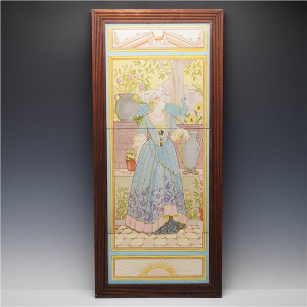 Minton China Works Framed Woman and Peacock 3-Tile Panel