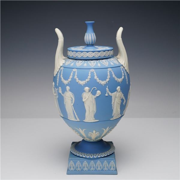 Wedgwood Jasperware Light Blue Vase and Cover, Apollo and The Nine Muses