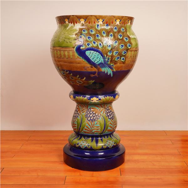 Monumental Burmantofts Faience Peacock Jardiniere & Stand