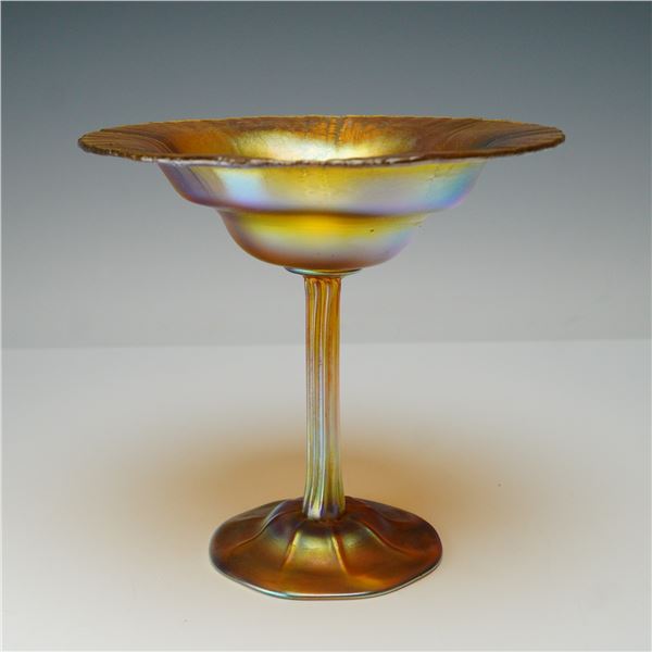 Louis Comfort Tiffany Gold Favrile Glass Tazza Compote on Pedestal, Signed