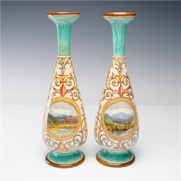 Pair of Doulton Lambeth by Esther Lewis Landscape Motif Faience Vases
