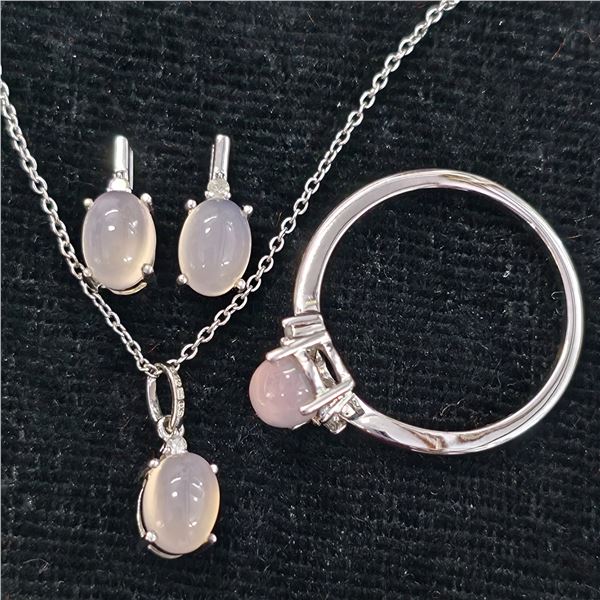 Gold plated Silver Rose Quartz Diamond(3.35ct) Earring Ring Pendant Set