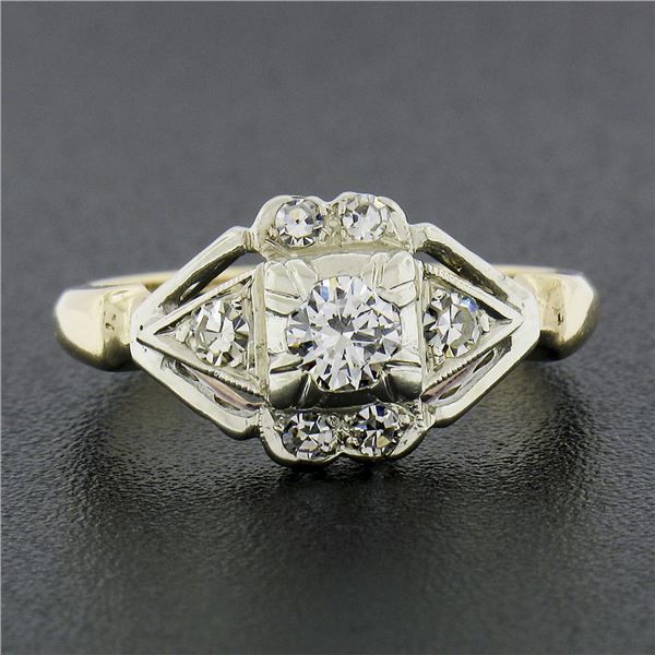 Vintage Keepsake 14k Two Tone Gold 0.36 ctw Diamond Open Work Geometric Ring