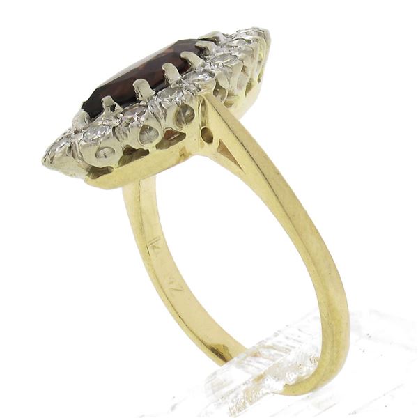 Vintage 14k Gold 1.57 ctw Marquise Garnet & Old Single Diamond Halo Cocktail Rin