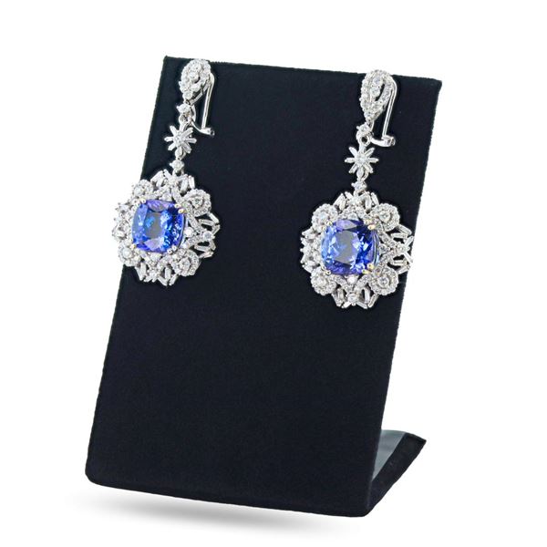 11.75 ctw Tanzanite and 3.98 ctw Diamond 14K White Gold Dangle Earrings