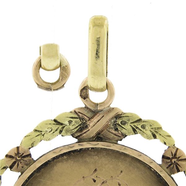 Antique French 18k Tri Color Gold Engraved Medallion Pendant w/ Floral Frame
