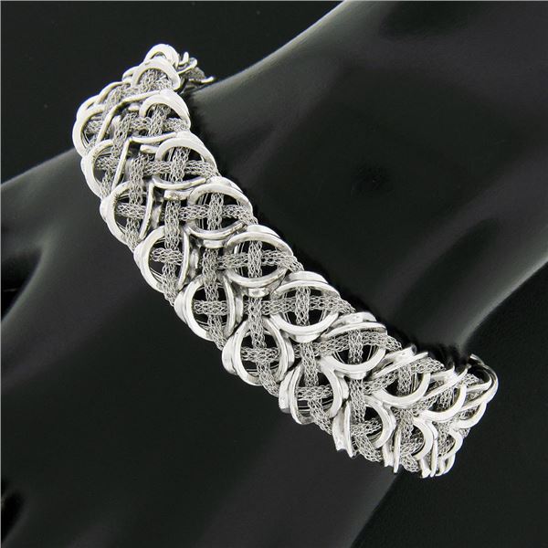 Italian 14K White Gold 7.5" Mesh Tube & Polished Unique Link Wide Strap Bracelet