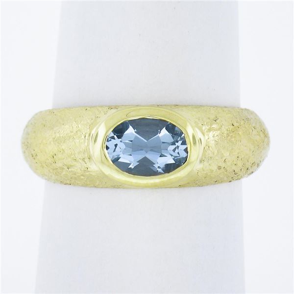MAZ 14k Yellow Gold Oval Bezel Aquamarine Solitaire Textured Cocktail Band Ring
