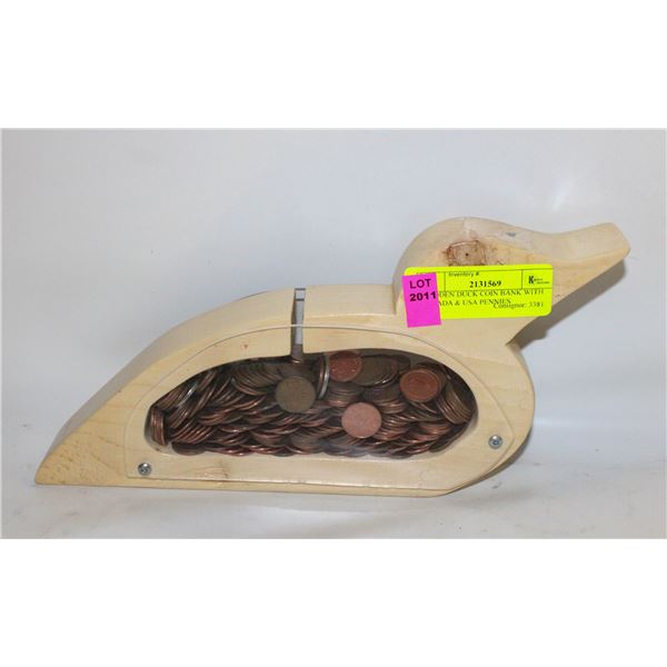 WOODEN DUCK COIN BANK WITH CANADA & USA PENNIES