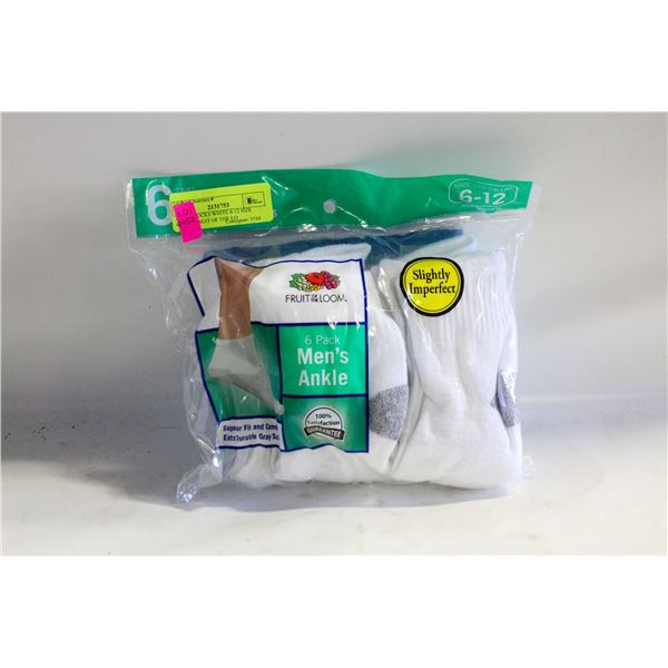 ANKLE SOCKS WHITE 6-12 SIZE 6-PACK FRUIT OF THE LO