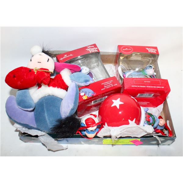 4 EEYORE ORNAMENTS AND 1 EEYORE STUFFY