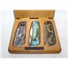 Image 1 : WOODEN CASED 3PC SET FOLDING KNIVES WILDLIFE THEME