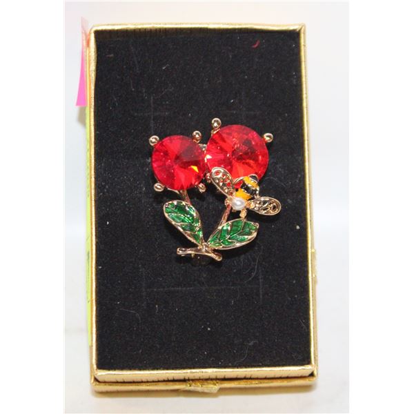 NEW SPARKILING CHERRY BROOCH WITH BEE