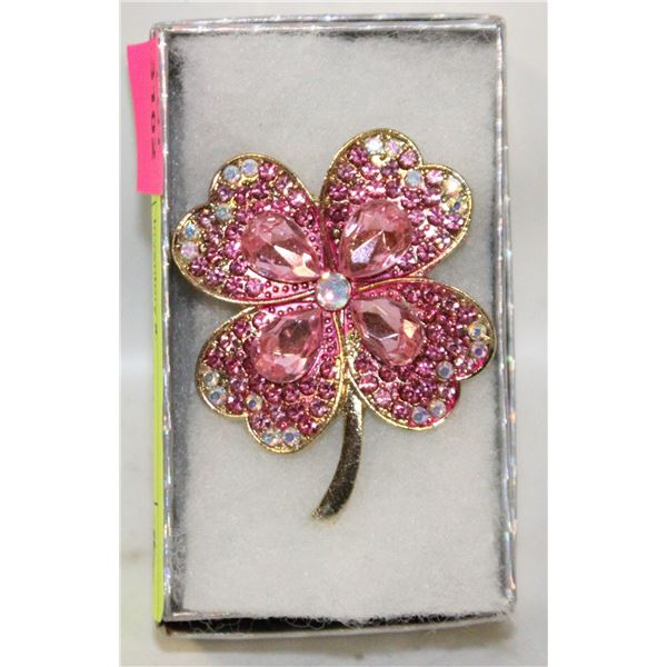 NEW PINK FOUR LEAF CLOVER RHINESTONE