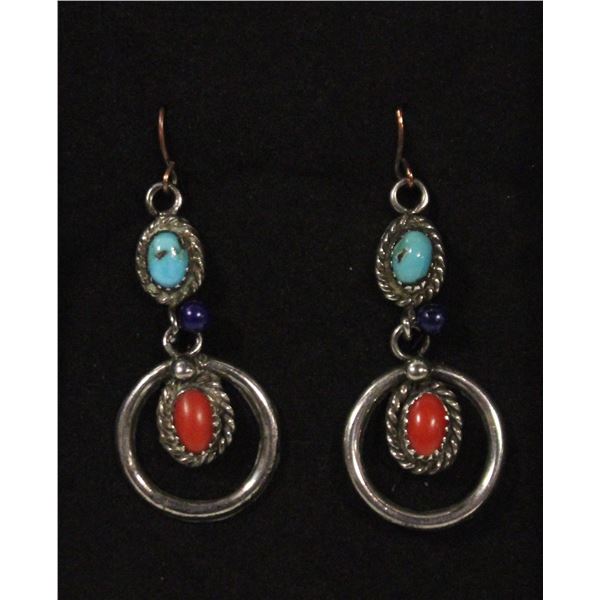 HENRY DAVIS STER SILV TURQUOISE & CORAL EARRINGS