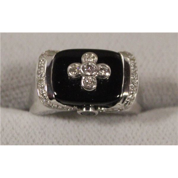 925 INDIA SILVER, ONYX & DIAMOND RING-6.65 GRAMS
