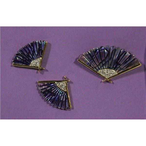 BUTLER PURPLE ABALONE SHELL FAN BROOCH & EARRINGS
