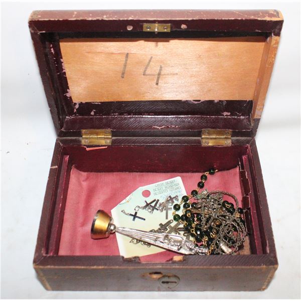 ANTIQUE BOX WITH CROSSES, ROSARY, & MARY STATUE