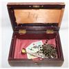 Image 1 : ANTIQUE BOX WITH CROSSES, ROSARY, & MARY STATUE