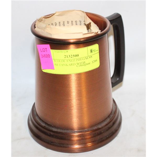 COPPER OLDE ENGLISH GALSS BOTTOM TANKARD WITH