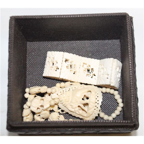 BONE ELEPHANT CARVED NECKLACE & BRACELET IN BOX