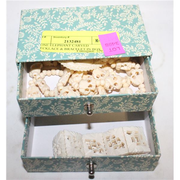 BONE ELEPHANT CARVED NECKLACE & BRACELET IN BOX
