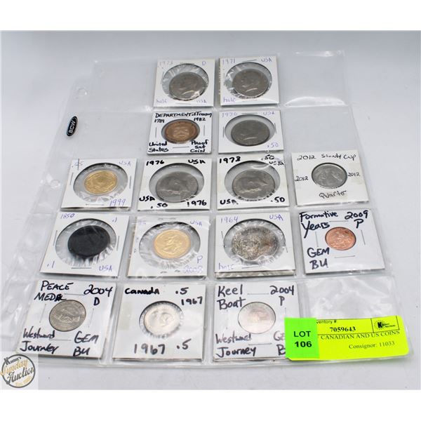 SHEET OF CANADIAN AND US COINS