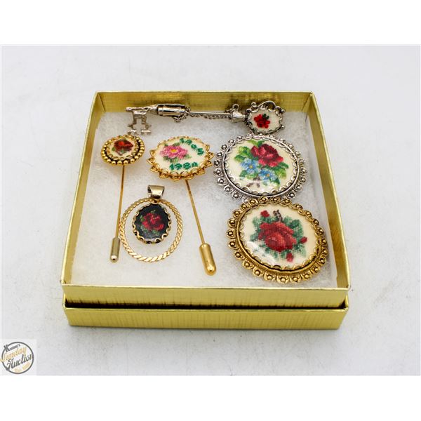VINTAGE 6 PETIT POINT BROOCHES/PINS