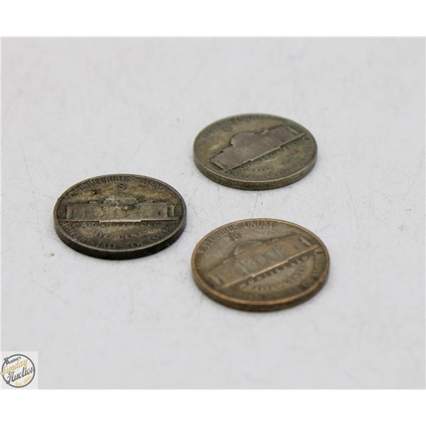 1943-44 LOT OF 3 SILVER WWII USA 5 CENTS COINS