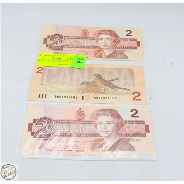 CANADA 1986 $2.00 BILLS X3