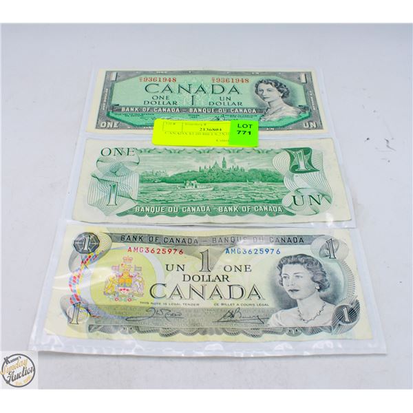 CANADA $1.00 BILLS,2X1973,1X 1954