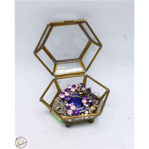 SWAN BRASS TRINKET BOX W/ VINTAGE JEWELRY