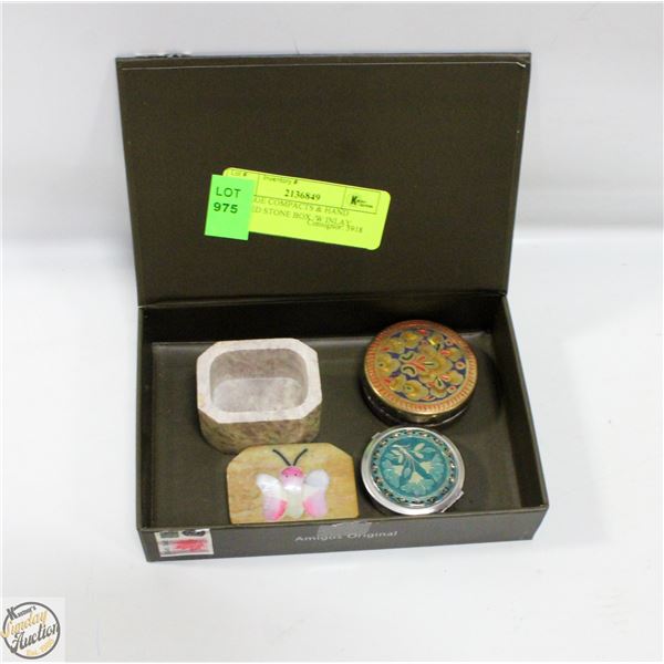 VINTAGE COMPACTS & HAND CARVED STONE BOX W/INLAY