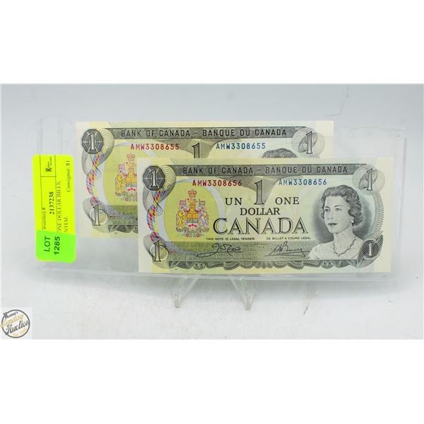 2 1973 ONE DOLLAR BILLS, SEQUENTIAL