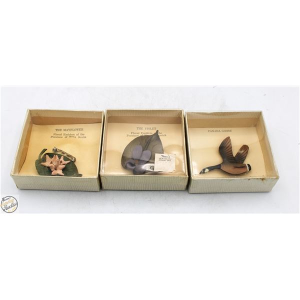 3 HINTERLAND-CANADA LEATHER HANDCRAFTED BROOCHES