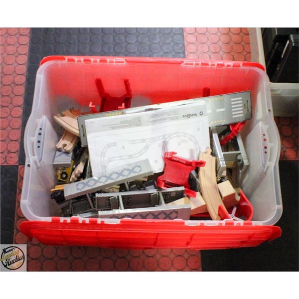 LOT OF WOODEN TRAIN TRACKS AND TRAINS