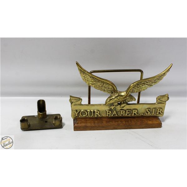 BRASS EAGLE IN WOOD STANDS, BRASS CARD