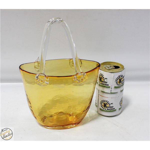 YELLOW GLASS PURSE LOOKING FLOWER VASE