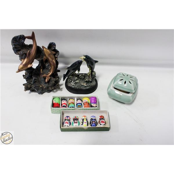 2 DOLPIN STATUES, INCENT BURNER, 2 MUD