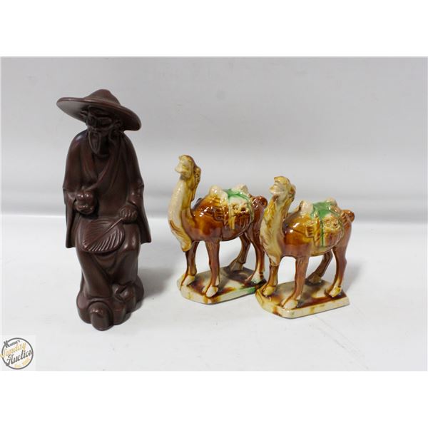 CHINESE OLD MAN STATUE. 2 CAMELS