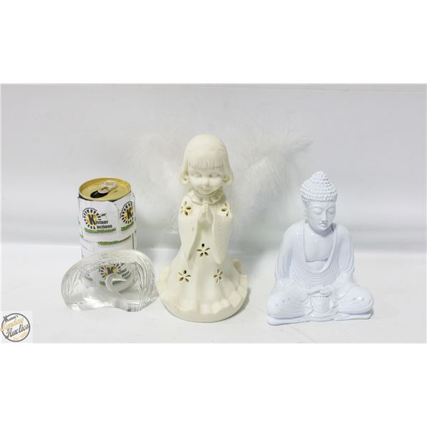 ANGEL STATUE. CERAMIC BUDDHA. CRYSTAL SWAN