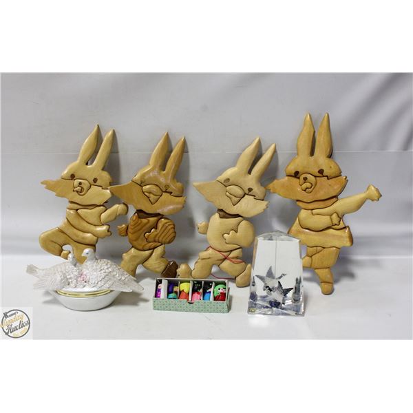4 WOOD RABBIT. BIRD JEWERLY HOLDER.