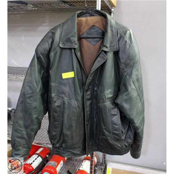 MENS XL LEATHER VINTAGE GREEN COAT-ESTATE