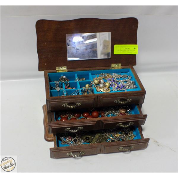 VINTAGE WOOD JEWELRY BOX FULL OF ESTATE JEWELRY